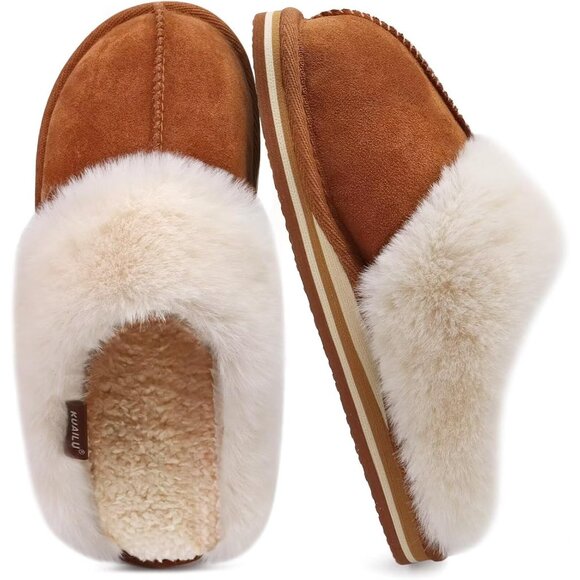 ⚡Women Chestnut Suede Fluff Dual Memory Foam Arch Support Warm Scuff Slipper - Picture 7 of 7